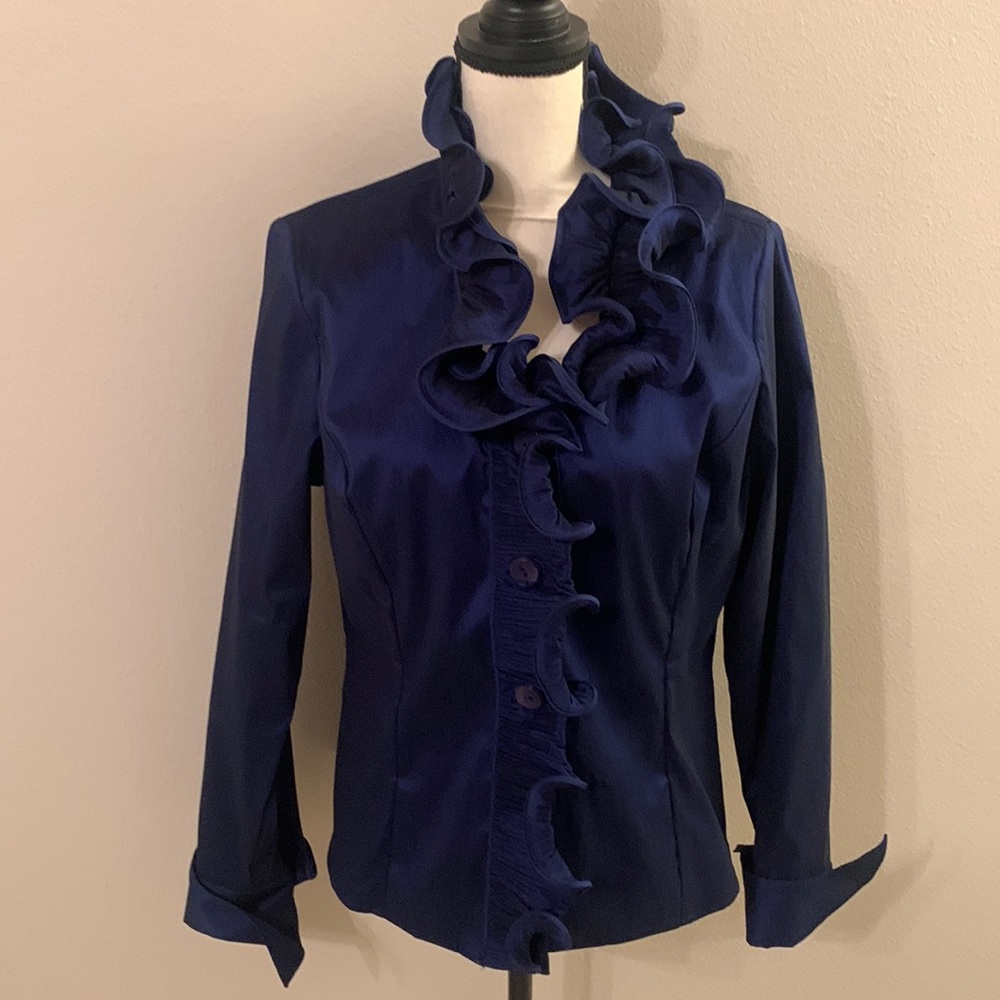 Samuel Dong Women’s Blue Top Blouse Shirt Ruffled Collar Long Sleeve Large